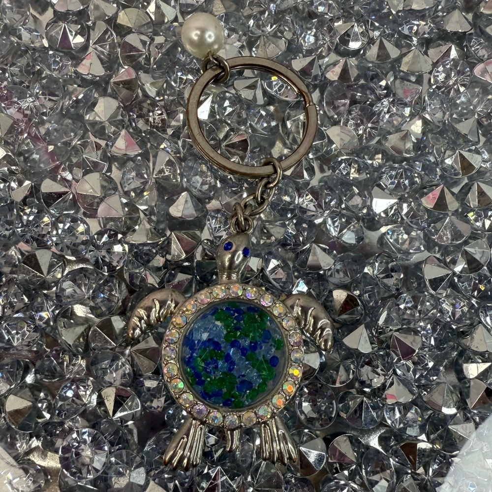 Turtle Keychain Charm with Blue-Green Resin and Iridescent Rhinestones.